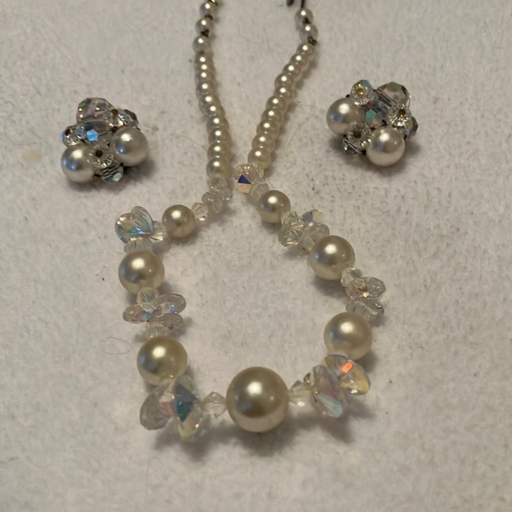 Crystal and Pearl Necklace and Matching Earrings. Real Unique. Clip Earrings.
